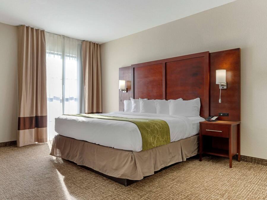 A hotel room with a large bed, a bedside table with a lamp, and a view of the city through the window.