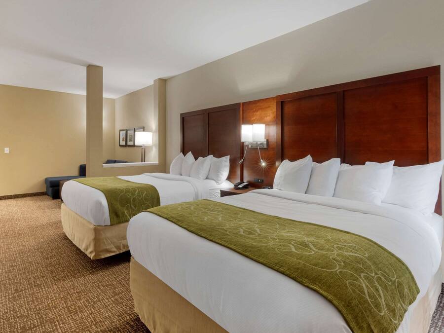 A hotel room with two beds, a wooden headboard, a nightstand, a lamp, and a carpeted floor.