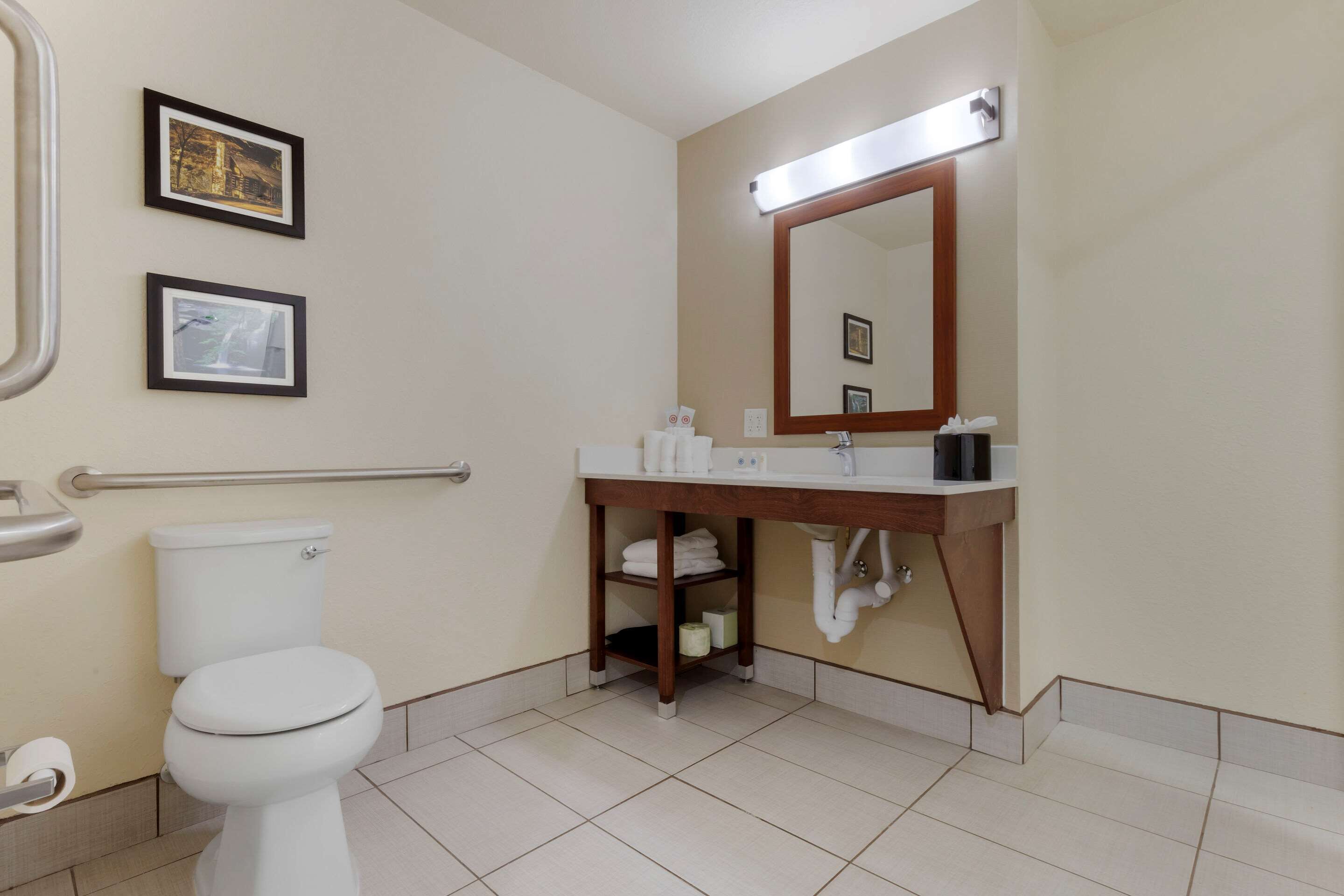 Une salle de bain équipée de toilettes, d’un lavabo, d’un miroir et de tableaux encadrés accrochés au mur.