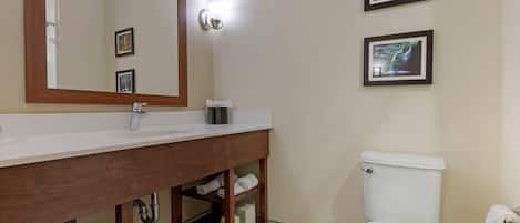 A bathroom with a wooden vanity, a white sink, a mirror, a toilet, and two framed pictures on the wall.