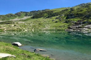 Un lago de montaña cristalino con costas rocosas y abundante vegetación.