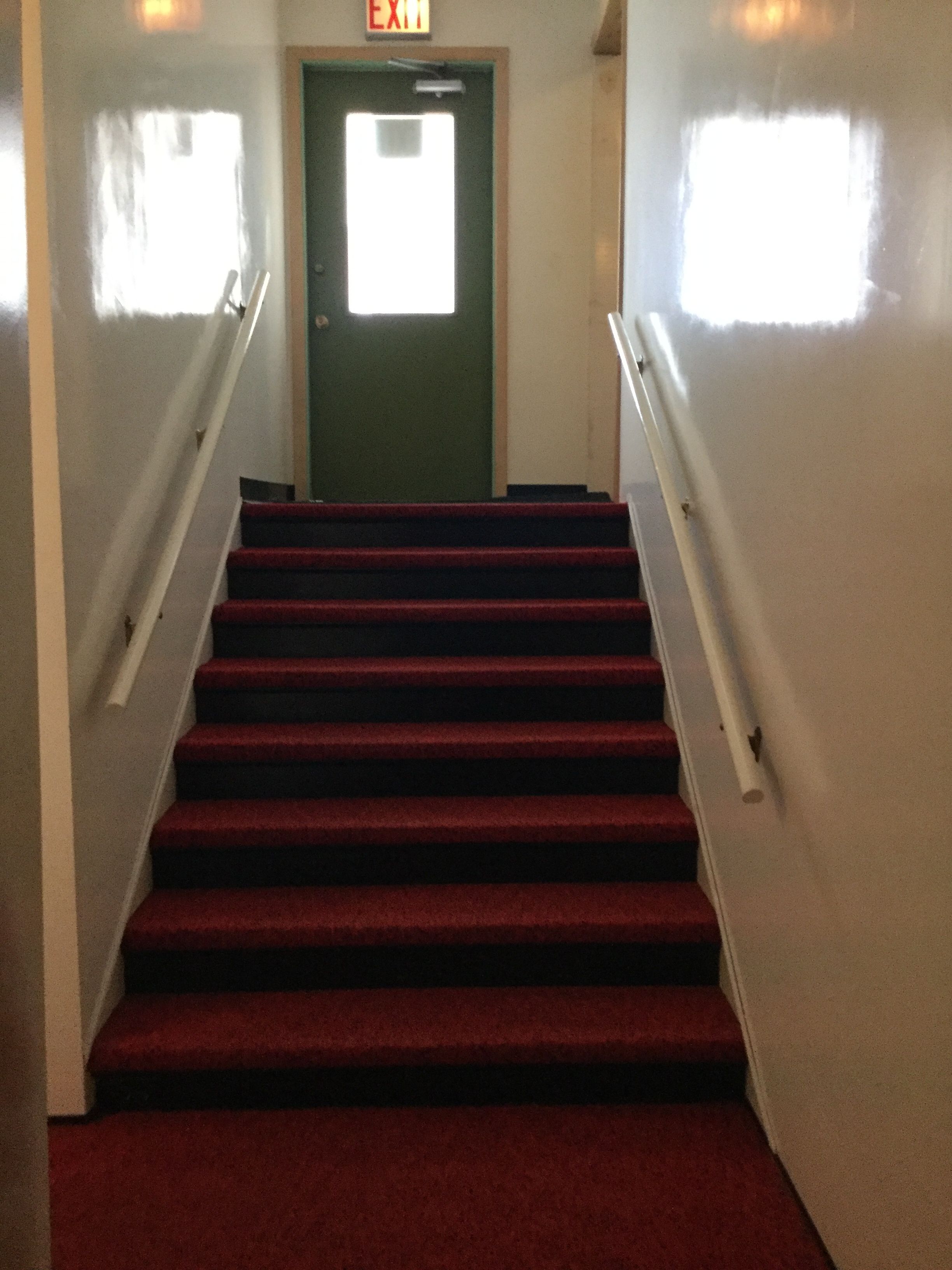 A staircase with red carpeted steps leading to a green door marked "EXIT".