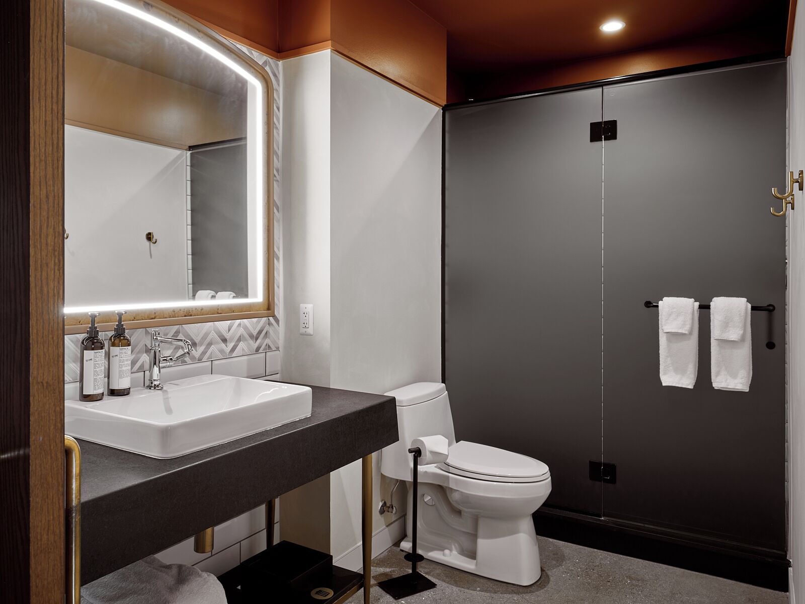 deluxe king room | bathroom | rainfall showerhead, free toiletries, hair dryer, bathrobes