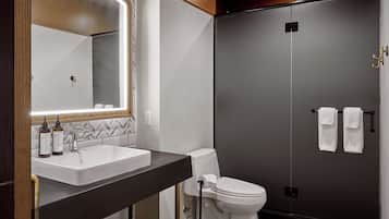 A modern bathroom with a vanity, a toilet, and a walk-in shower.