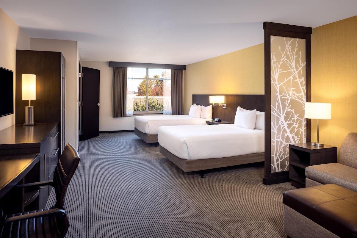 Habitación de hotel con dos camas, un escritorio, una silla, un televisor y vistas al exterior.