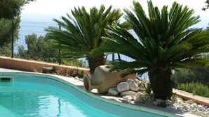 A swimming pool with two palm trees and a view of the sea. - Holiday Home in Carqueiranne by the Sea (Carqueiranne)