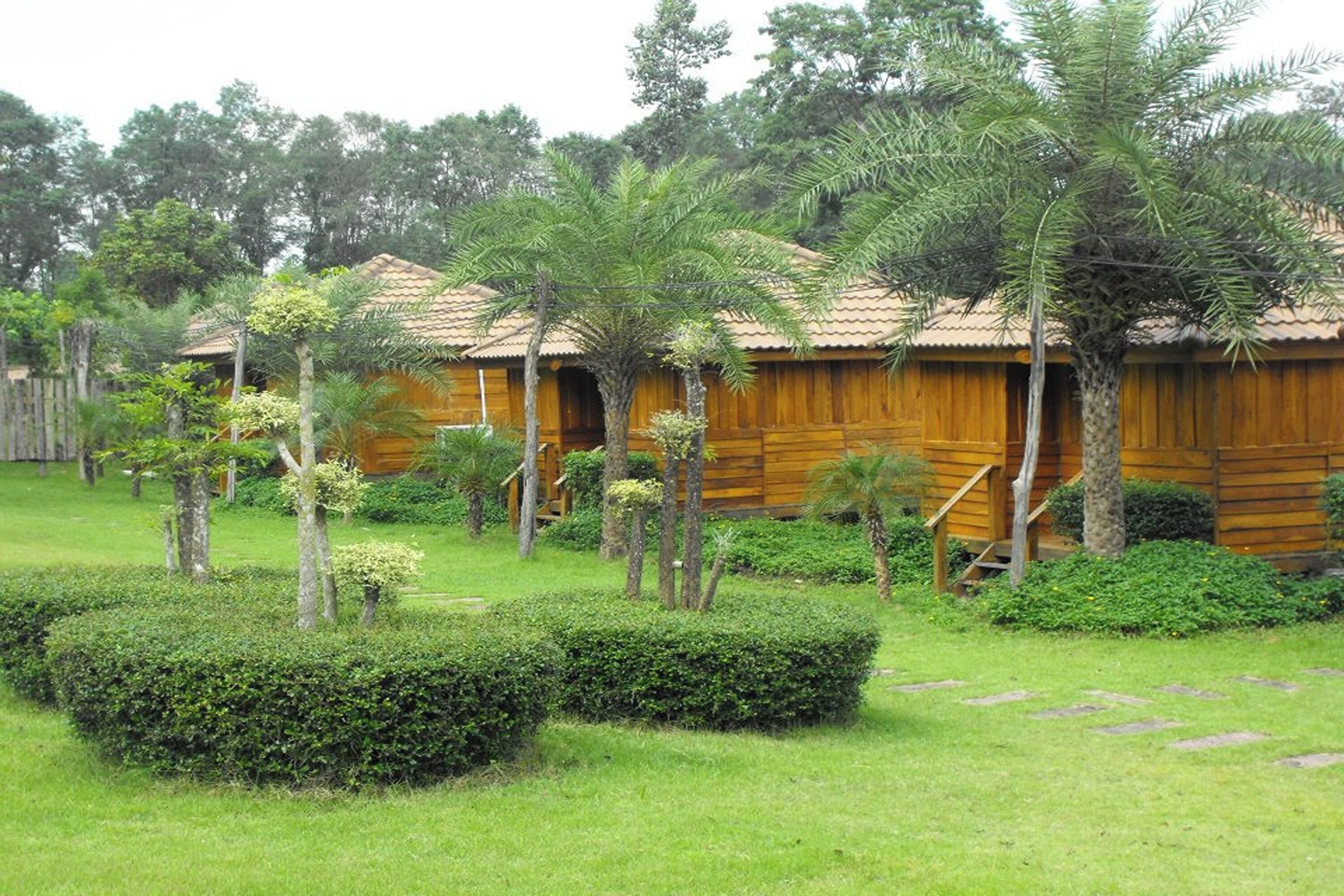 Una cabaña de madera con techo de tejas, rodeada de setos cuidados y palmeras.