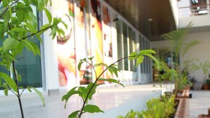 A row of plants in a planter bed with a modern building in the background. - Grand Perfect Apartment (Udon Thani)