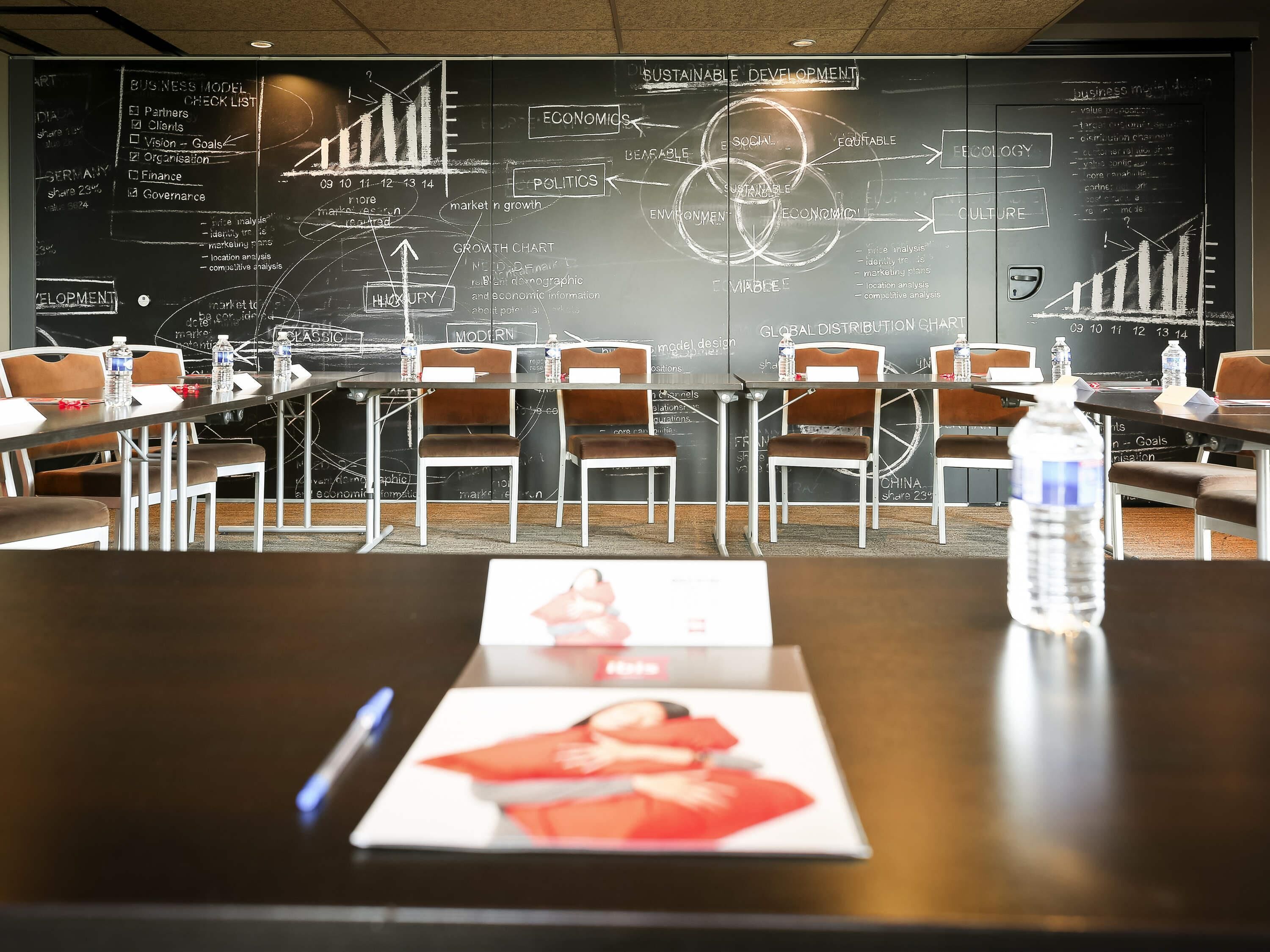 Una sala de conferencias con una pizarra grande llena de modelos de negocios y sostenibilidad, una mesa con sillas y botellas de agua.