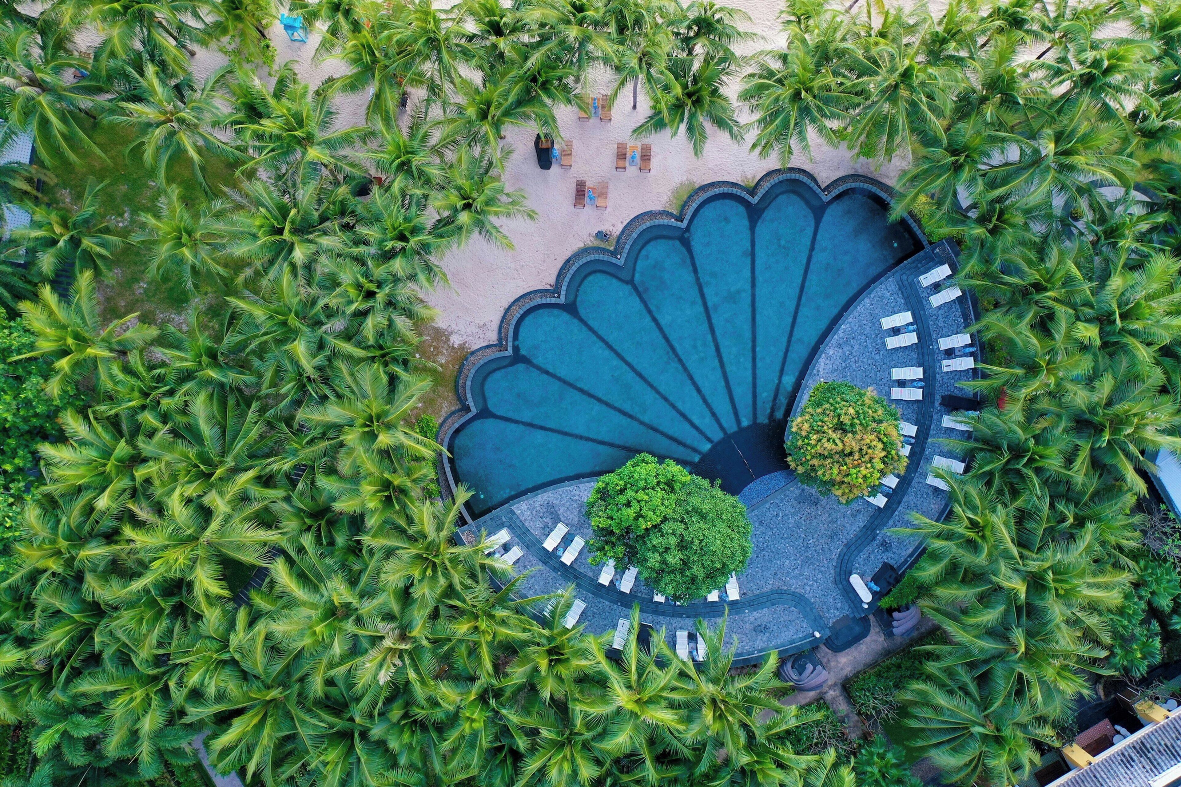 Vista aérea de un complejo turístico con una piscina central rodeada de palmeras y sillas de descanso.
