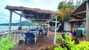 An outdoor seating area with tables and chairs, a thatched roof, and a view of the sea.