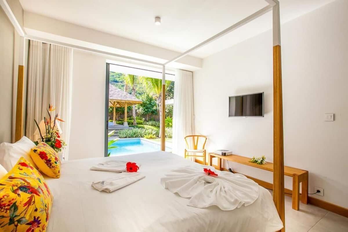 Una habitación de hotel con cama, televisor, escritorio y vista a una piscina y follaje.