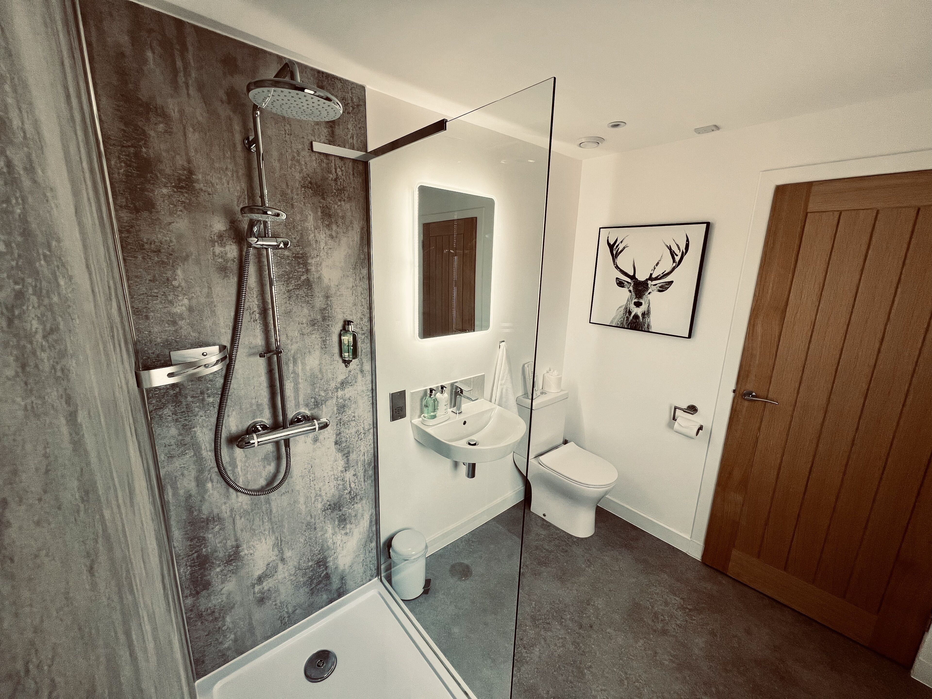 Een moderne badkamer met douche, toilet, wastafel en een spiegel.