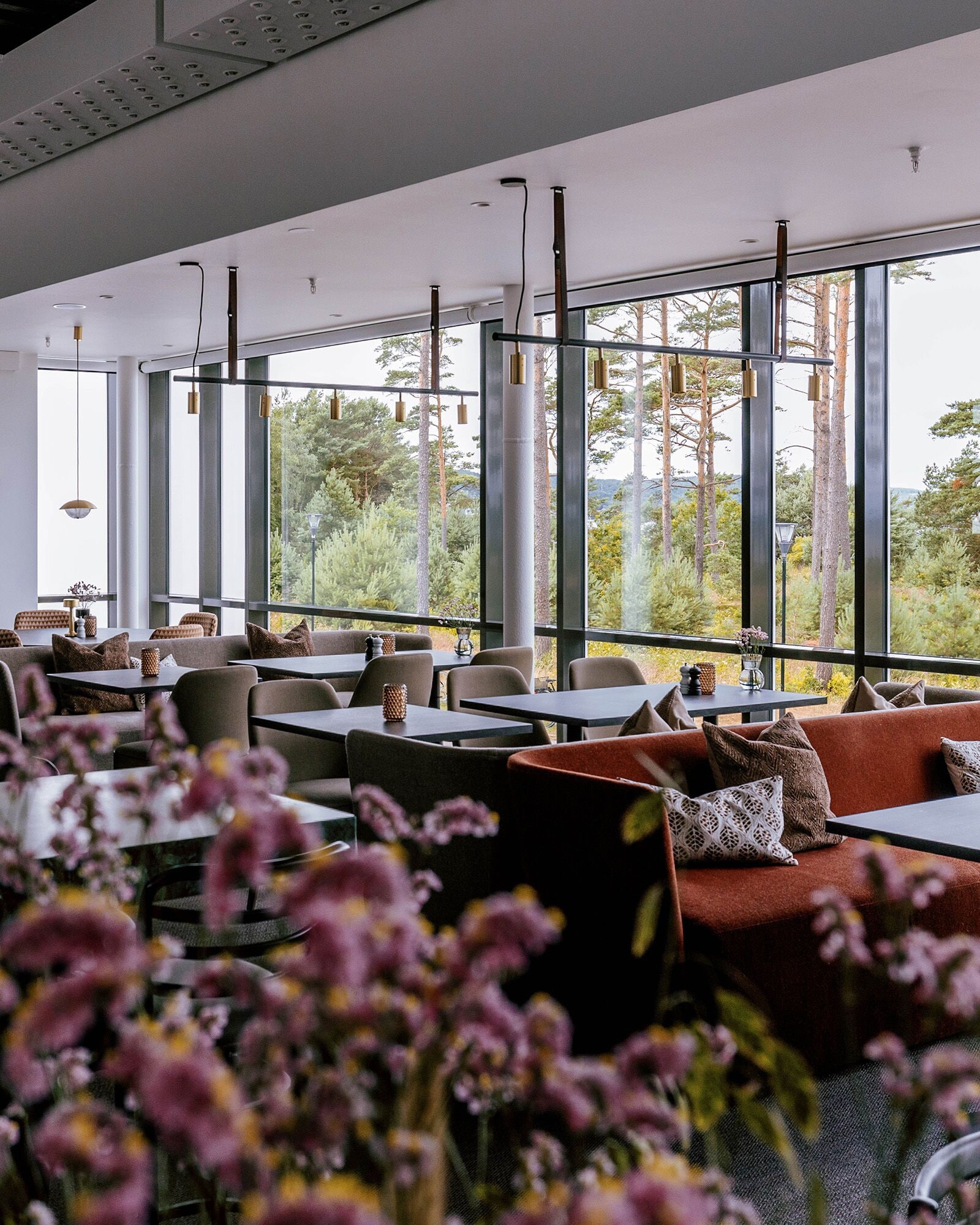 Um restaurante moderno com janelas amplas, mesas e cadeiras dispostas para refeições.