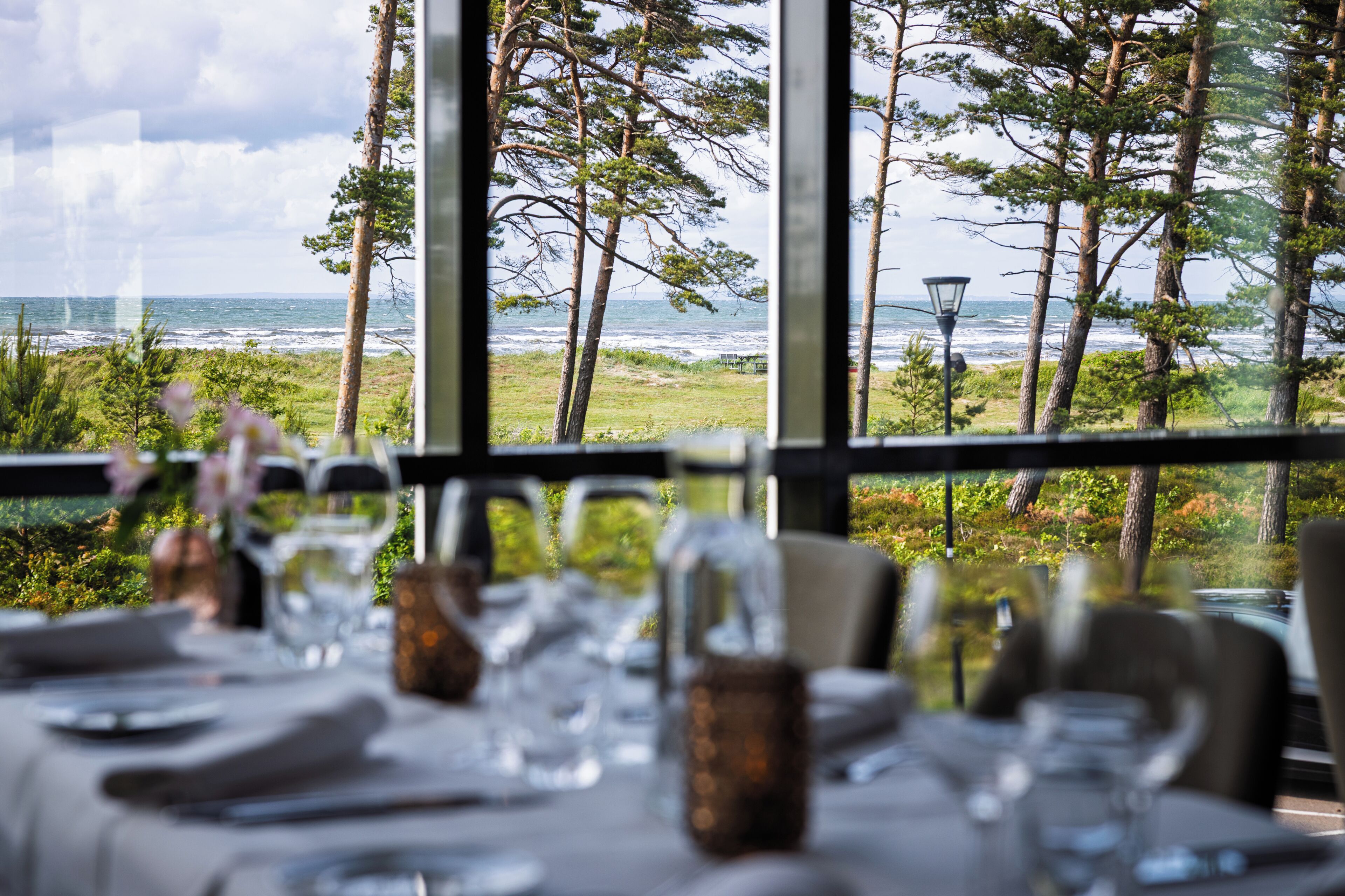 Une table à manger avec vue sur l’océan et les arbres.