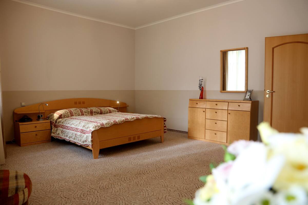 A bedroom with a bed, nightstand, dresser, mirror, and a door.
