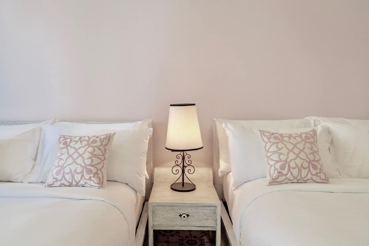 A bedroom with two beds, each with a decorative pillow and a bedside table with a lamp.