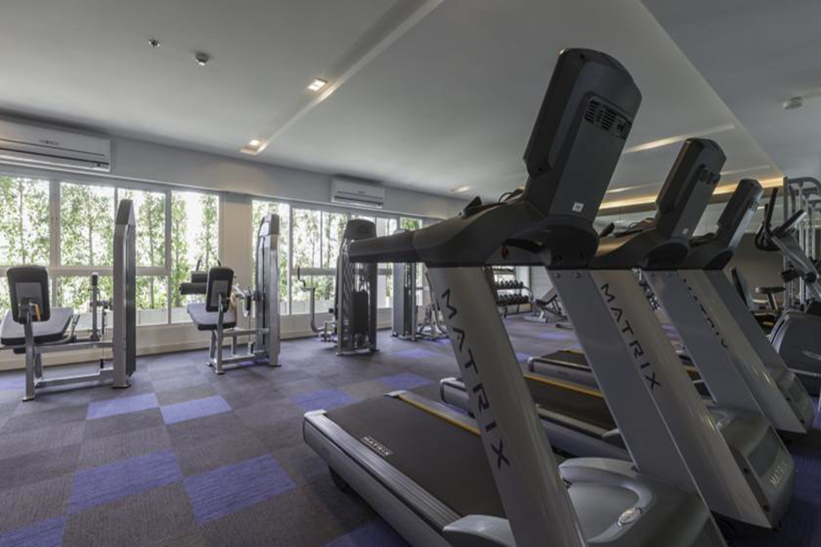 A gym with treadmills, weight machines, and a large window providing natural light.