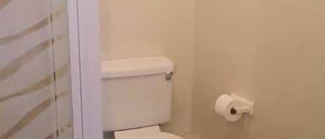 A small, compact bathroom with a toilet, a roll of toilet paper, and a radiator on the wall.