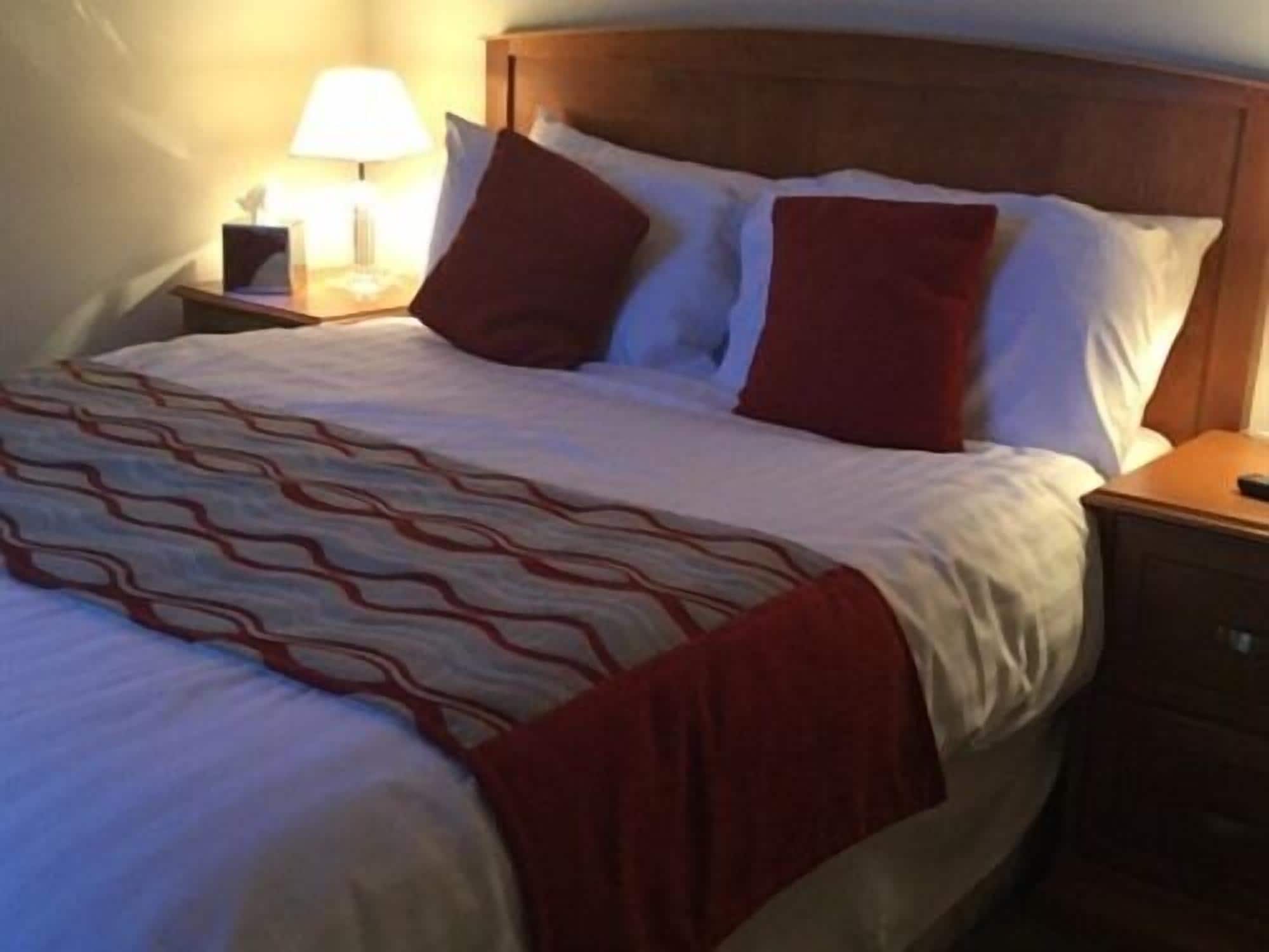 Una cama bien hecha con un edredón estampado, un cabecero de madera y una mesita de noche con una lámpara.