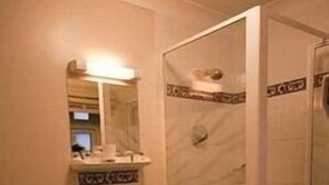 Un baño con inodoro, lavabo y ducha a ras de suelo.