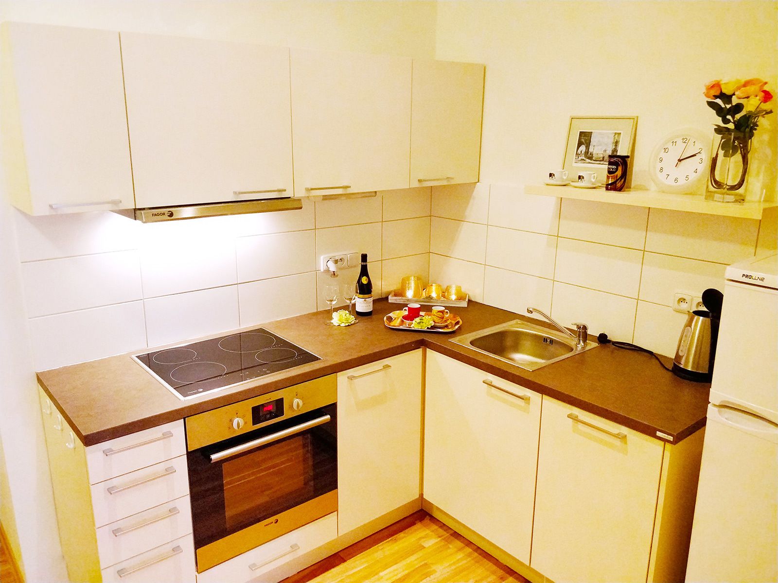 Apartamento conforto, 1 quarto, cozinha | Cozinha americana privada | Geladeira grande, fogão, cooktop, lava-louças