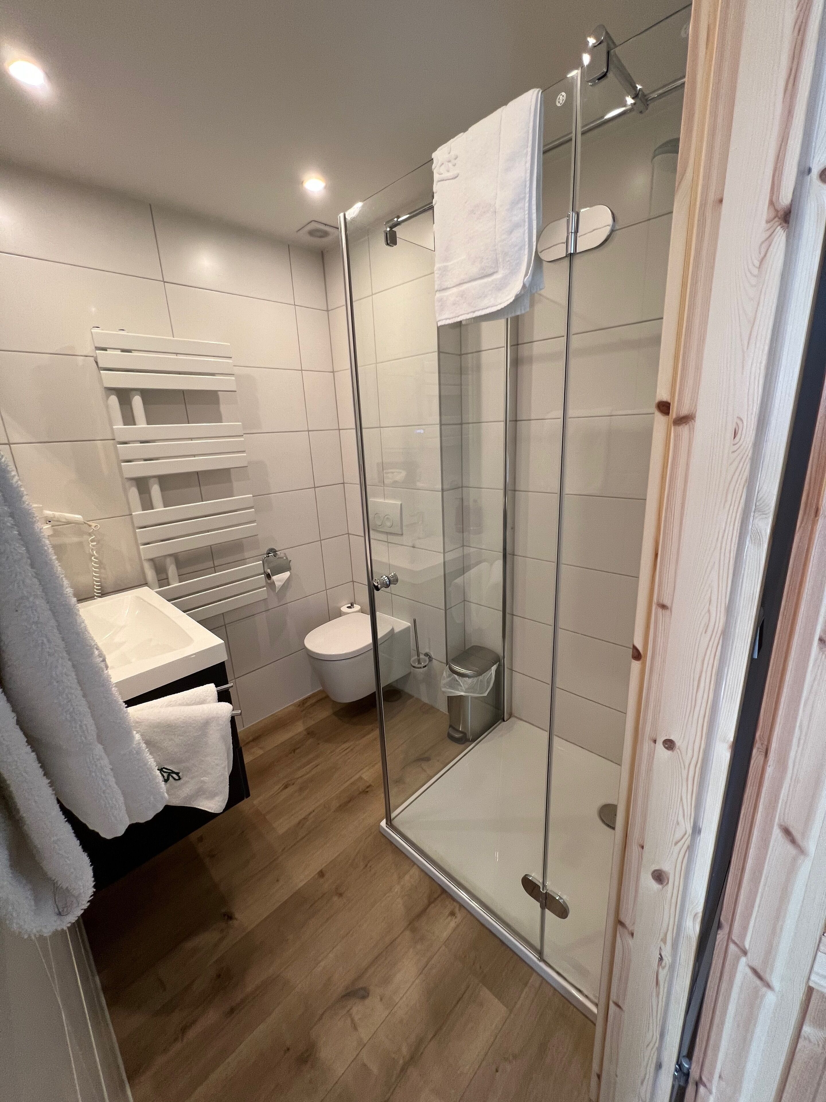 Ein modernes Badezimmer mit einer gläsernen Duschkabine, einem weißen Waschbecken und einer Toilette.