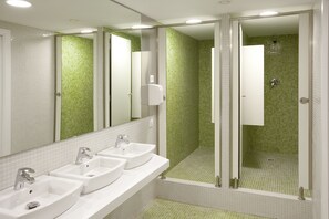 Shower, deep soaking tub, hair dryer, towels