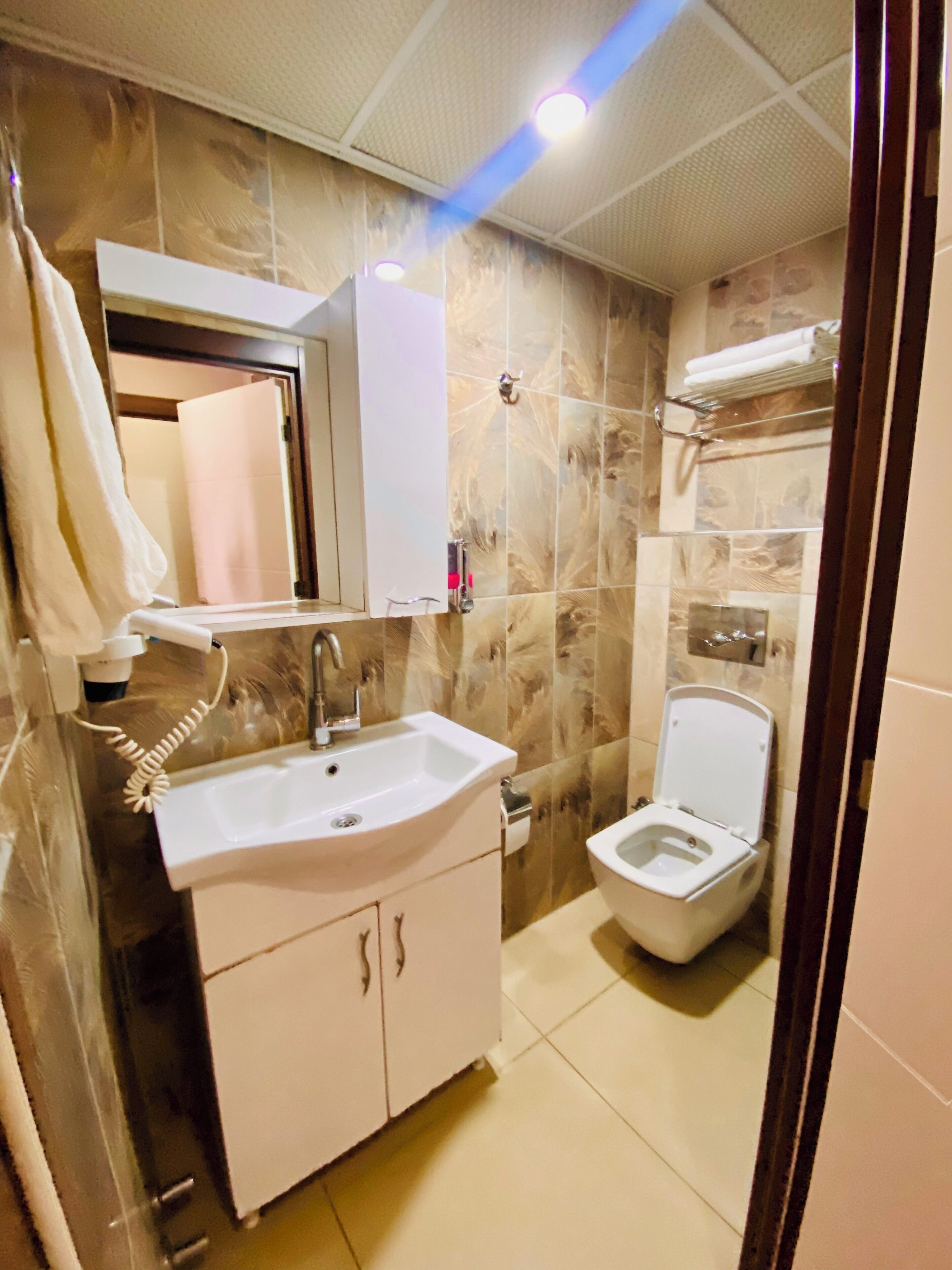 A bathroom with a white sink, a mirror, a toilet, and a shower area.