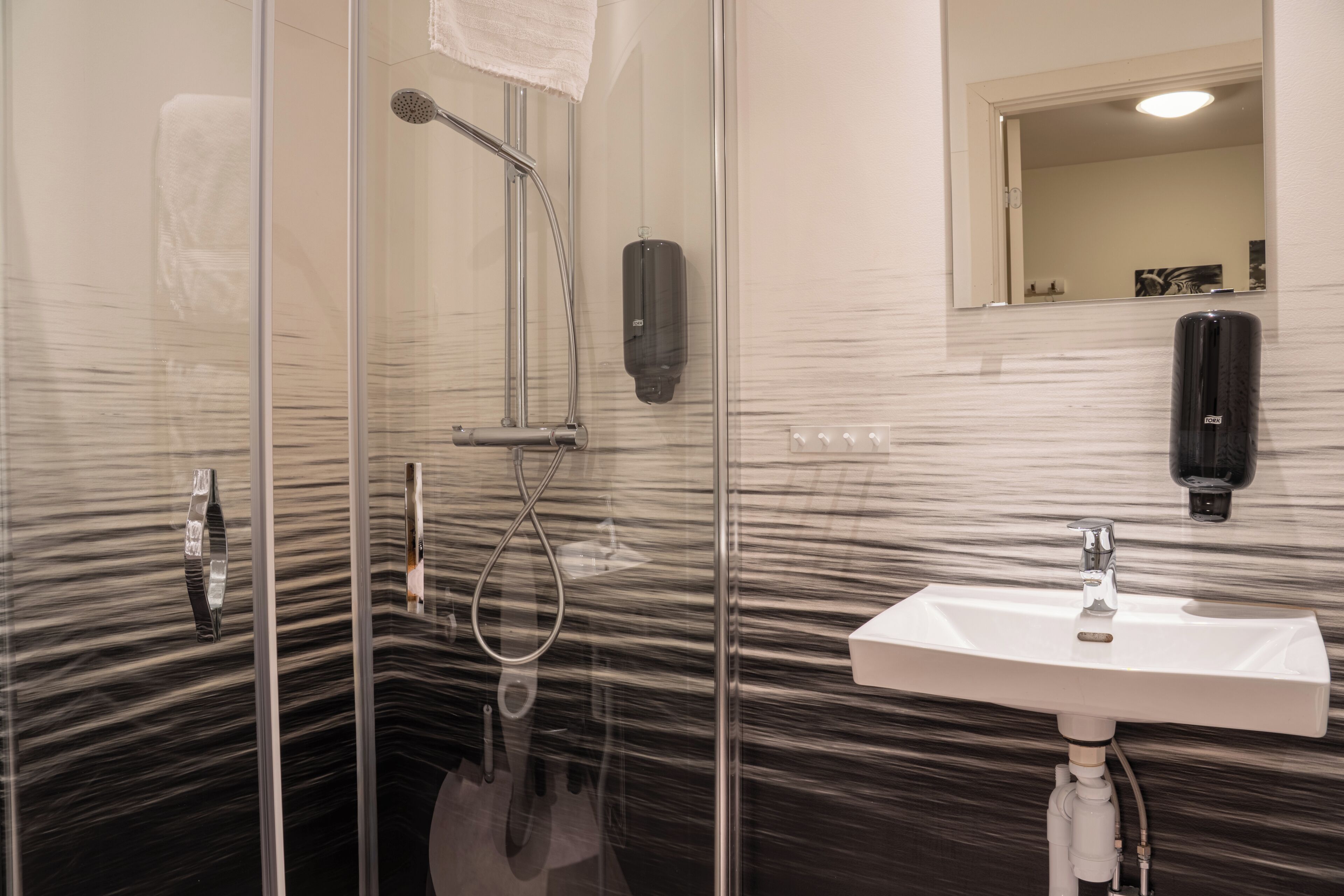 A modern bathroom with a glass shower enclosure, a white sink, and a mirror above the sink.