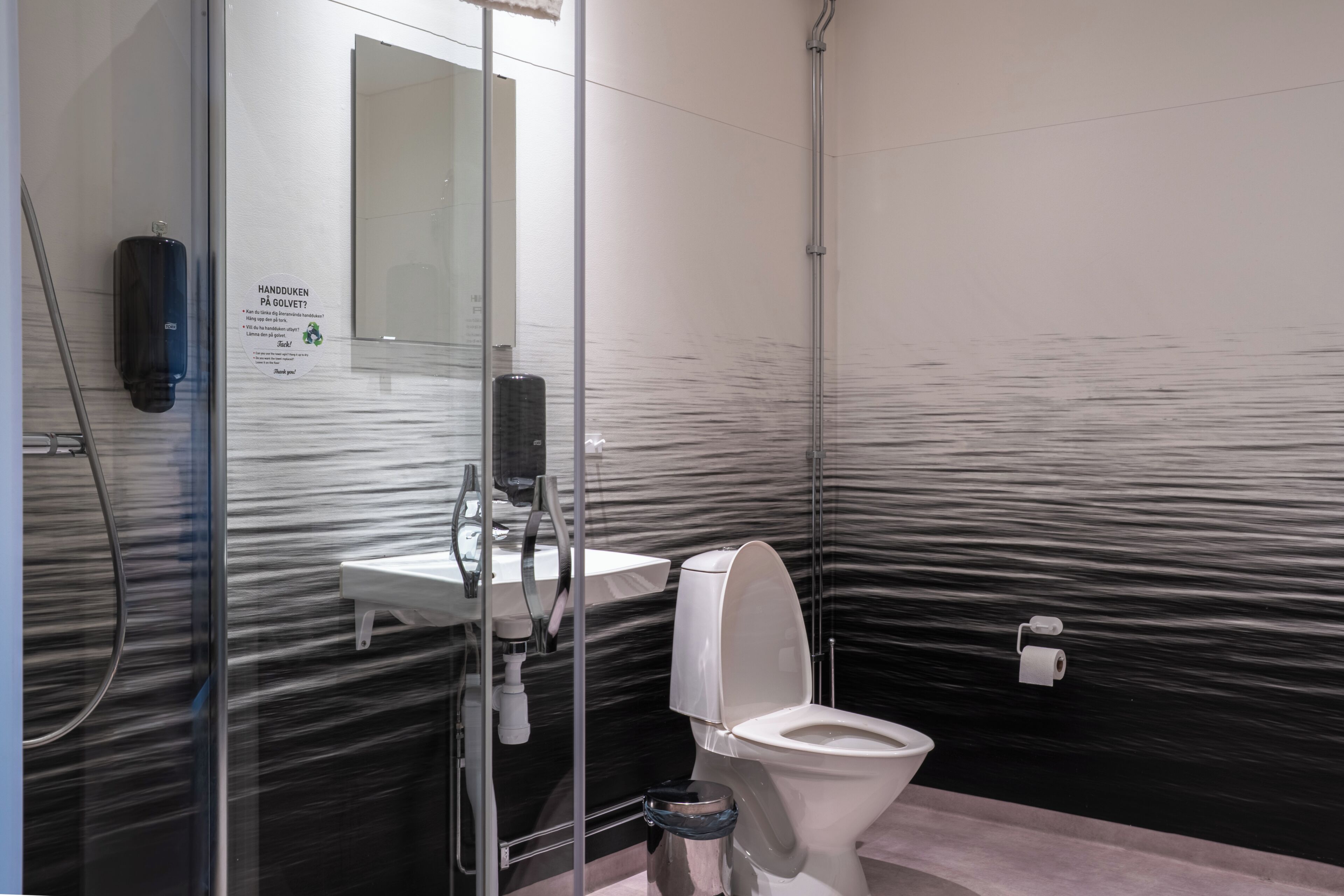 A bathroom with a modern design, featuring a glass shower enclosure, a white toilet, and a sink with a mirror above it.