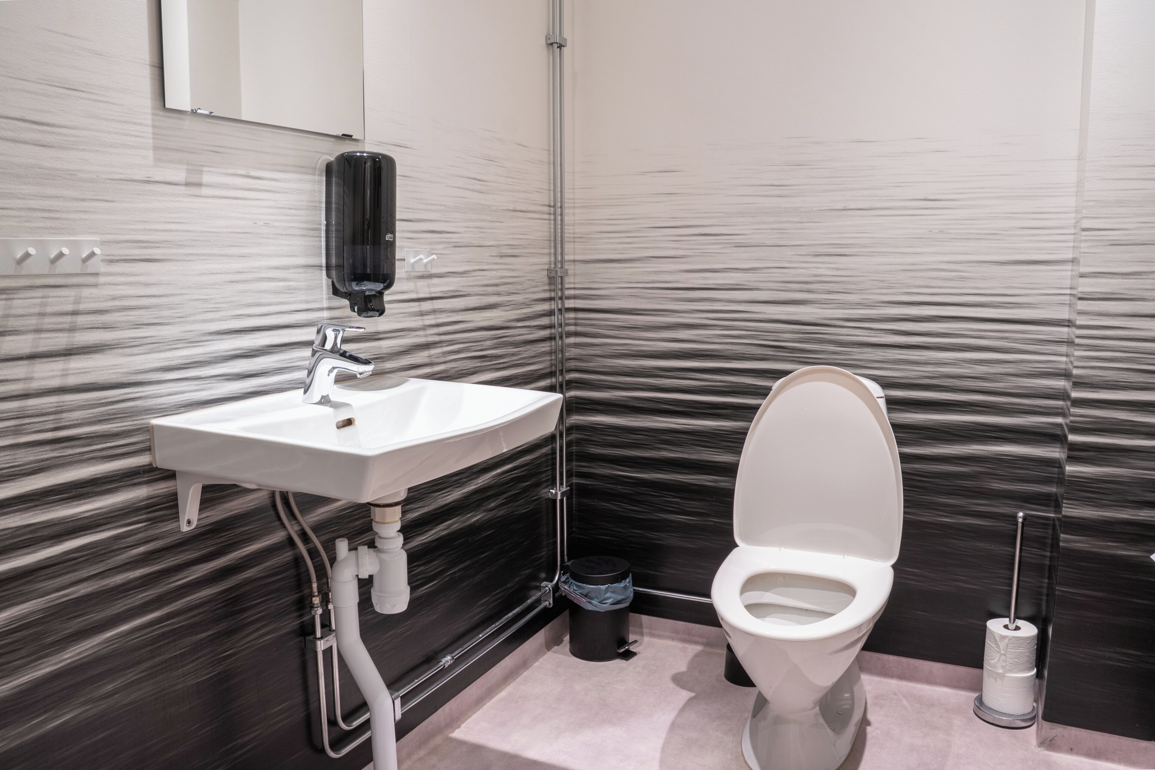 A bathroom with a white sink, a toilet, and a hand soap dispenser.