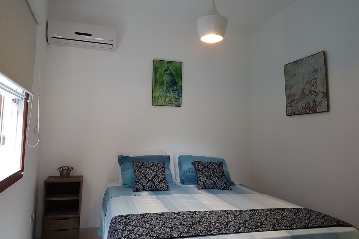 A bedroom with a bed, two pillows, a wall-mounted air conditioner, and two wall art pieces.