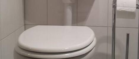 Eine weiße Toilette mit Tank, Spülhebel und Toilettenpapierhalter.