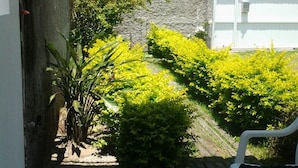 A balcony with a view of a hillside, a white chair, and a small garden area with yellow plants. - Casa Nunes (Florianópolis)