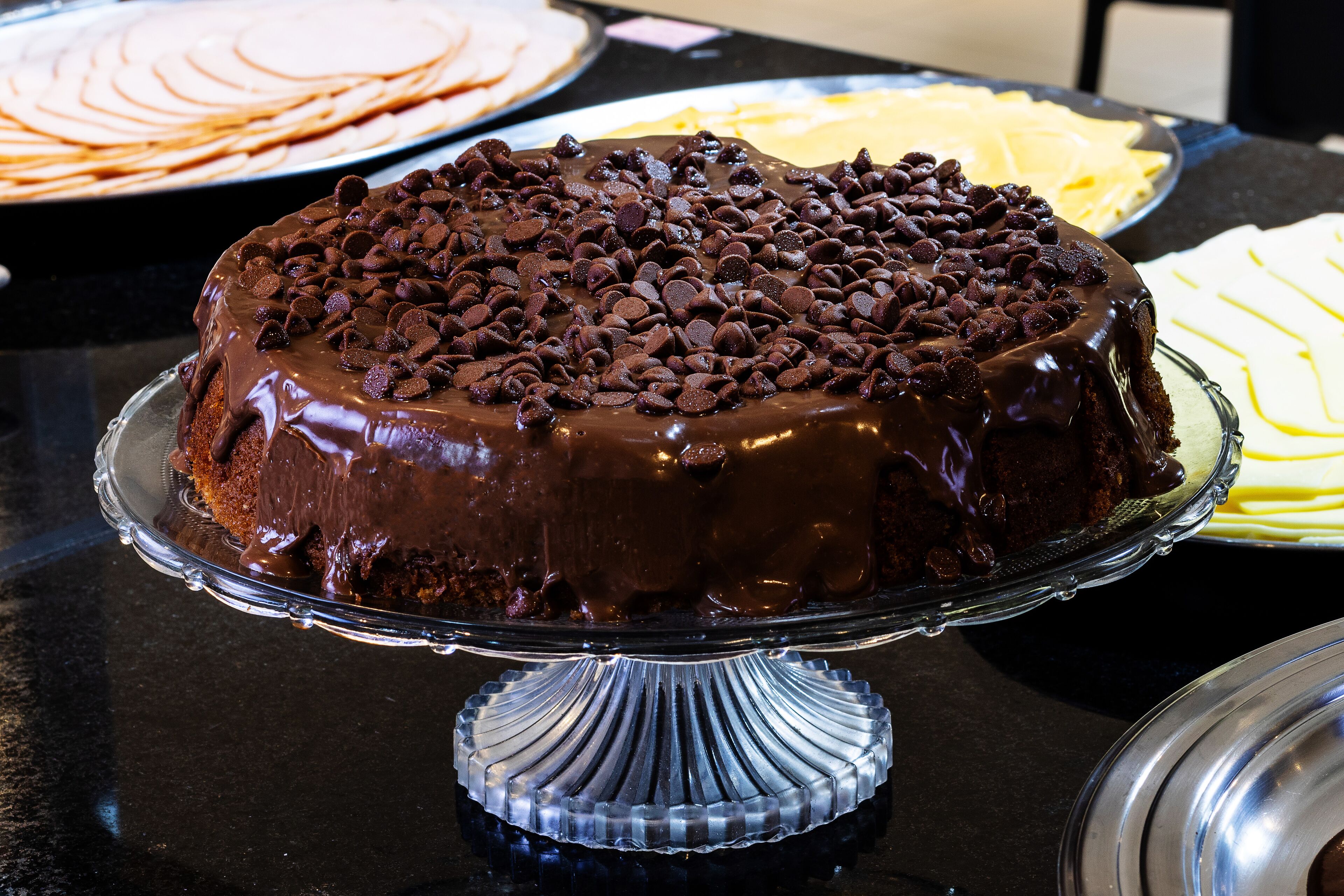 A chocolate cake with chocolate chips on a glass cake stand.