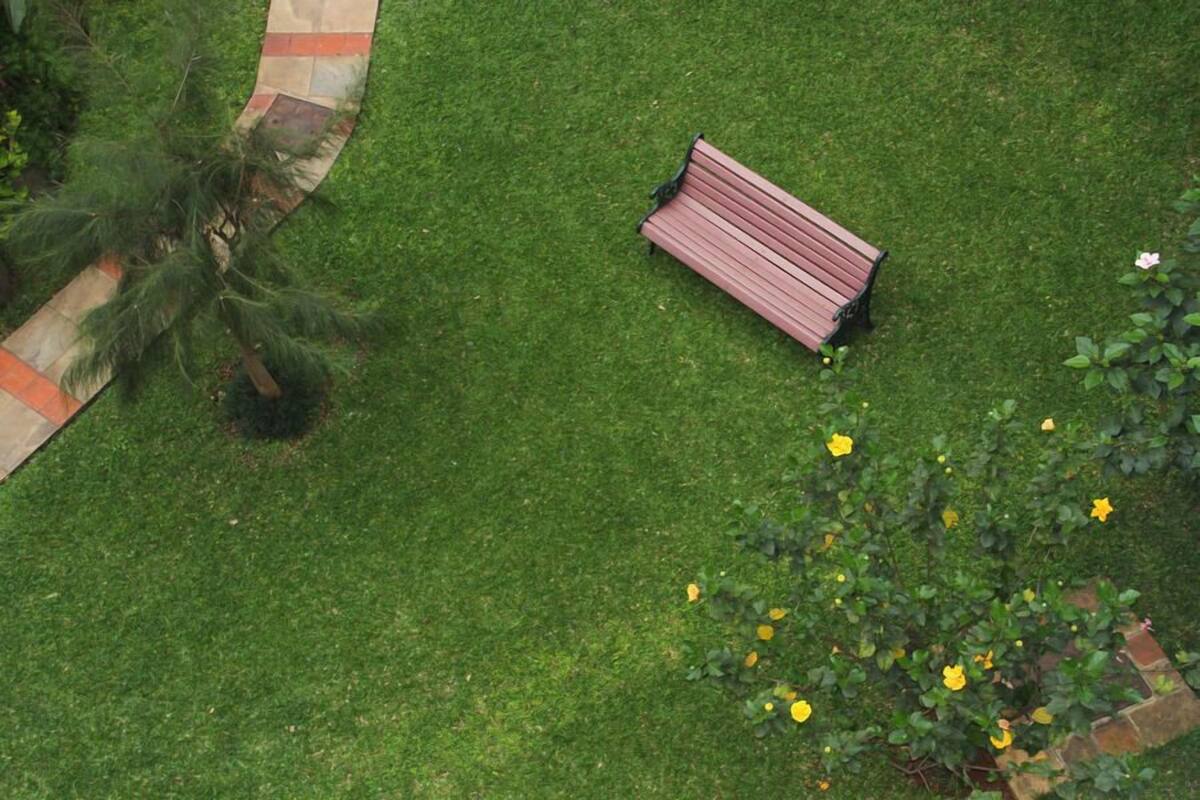 A bench in a well-maintained grassy area with a small flower bed nearby.