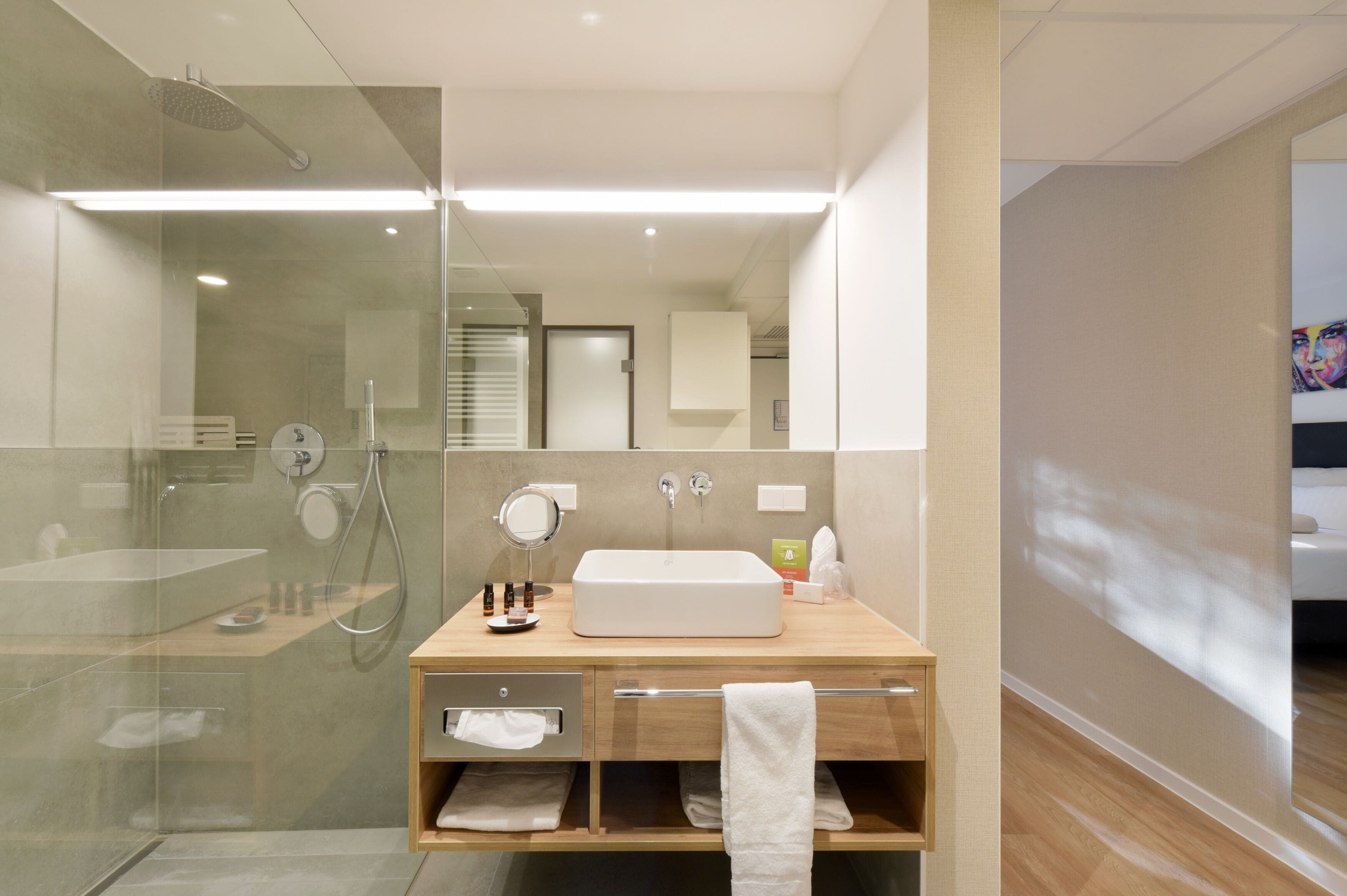 shower, eco-friendly toiletries, hair dryer, towels