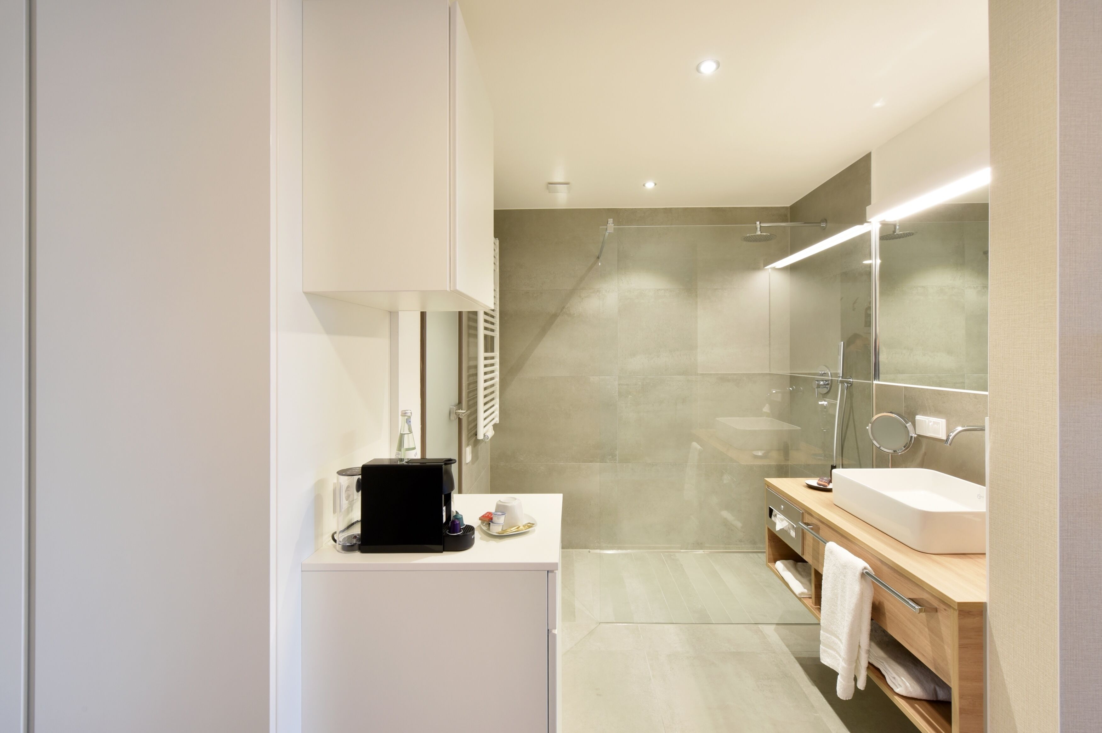 A modern bathroom with a shower, a sink, and a mirror.