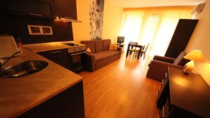 Une chambre d’hôtel compacte comprenant un coin cuisine, un canapé, un espace repas et une chaise.