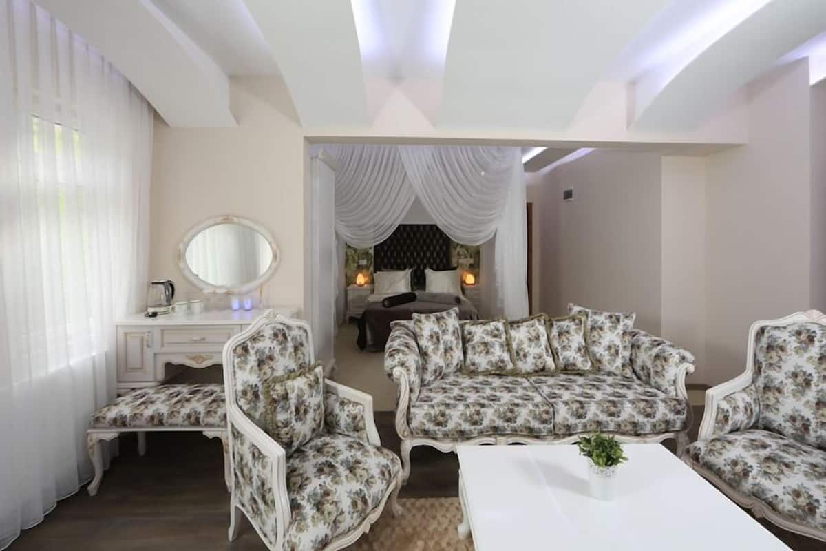 Suite, bañera de hidromasaje | Zona de estar | Una televisión LCD