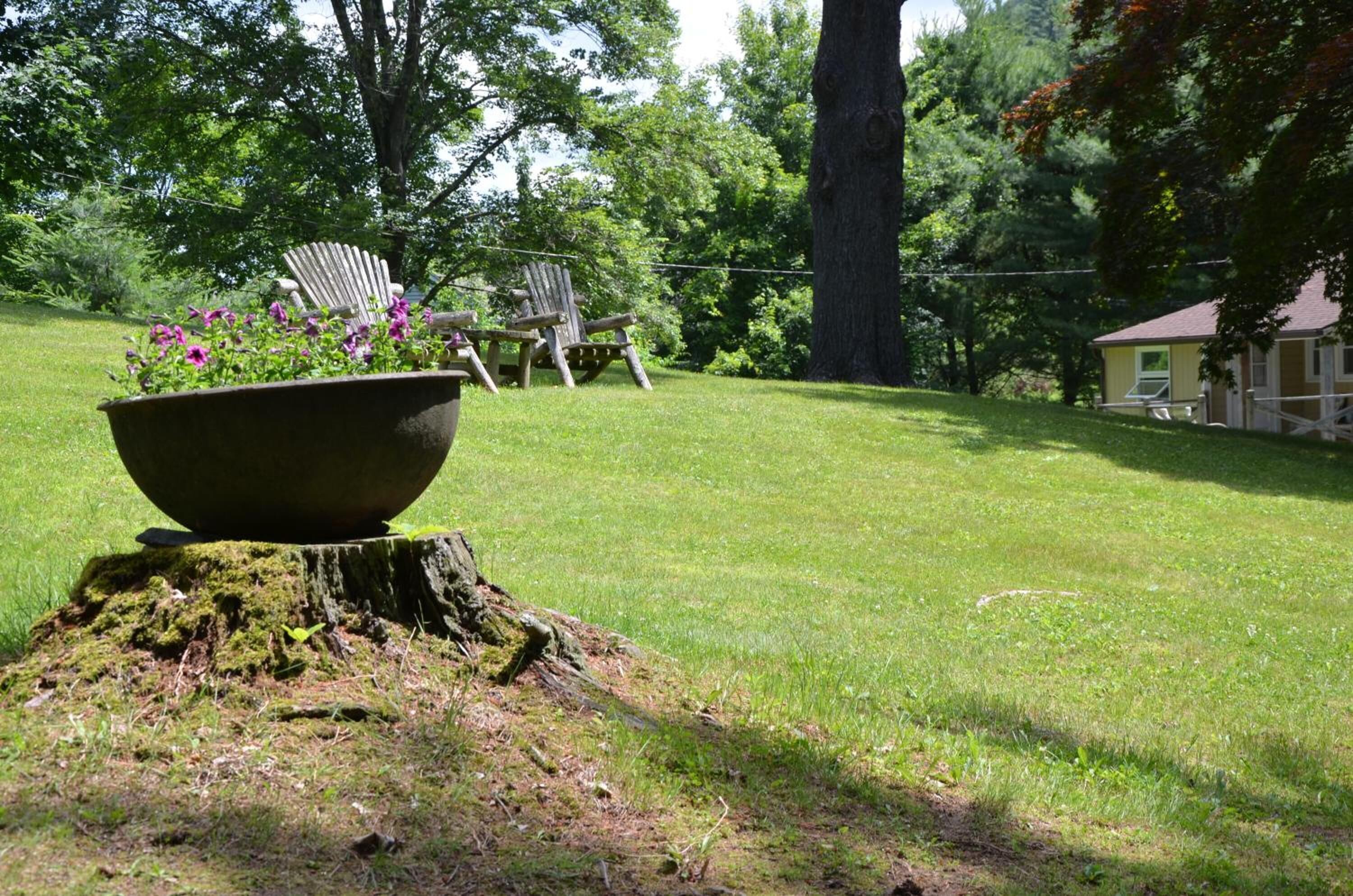 A grassy outdoor area with a large planter, two Adirondack chairs, and a house in the background.