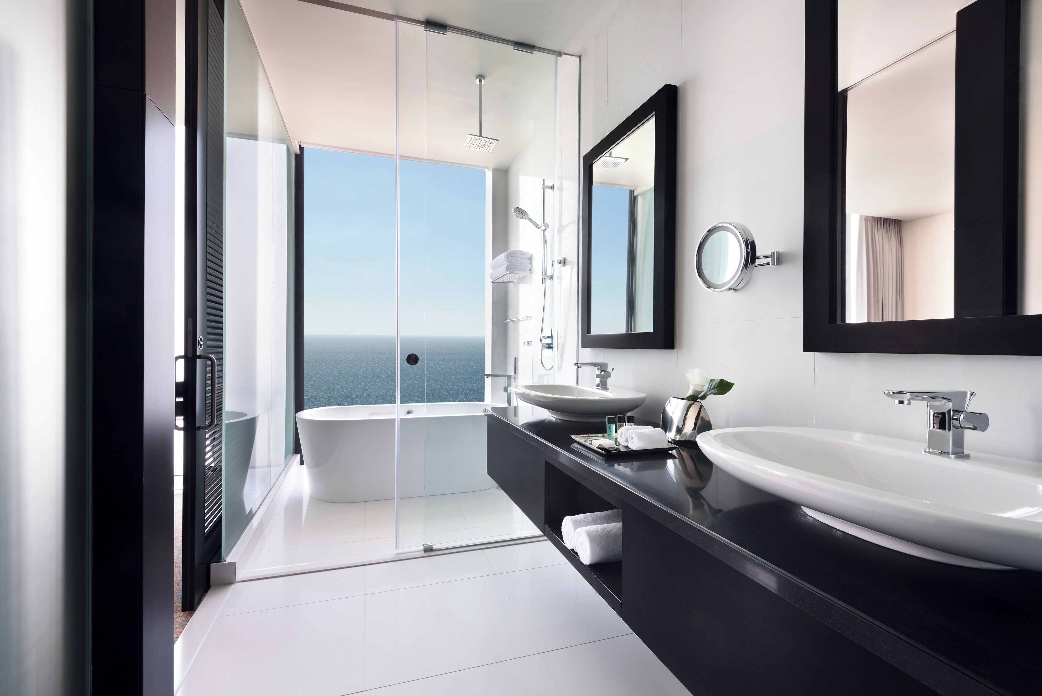 rainfall showerhead, eco-friendly toiletries, hair dryer, bathrobes