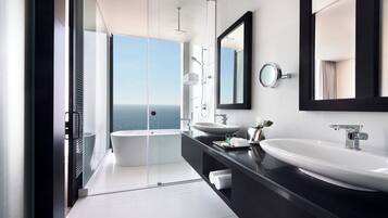 Rainfall showerhead, eco-friendly toiletries, hair dryer, bathrobes