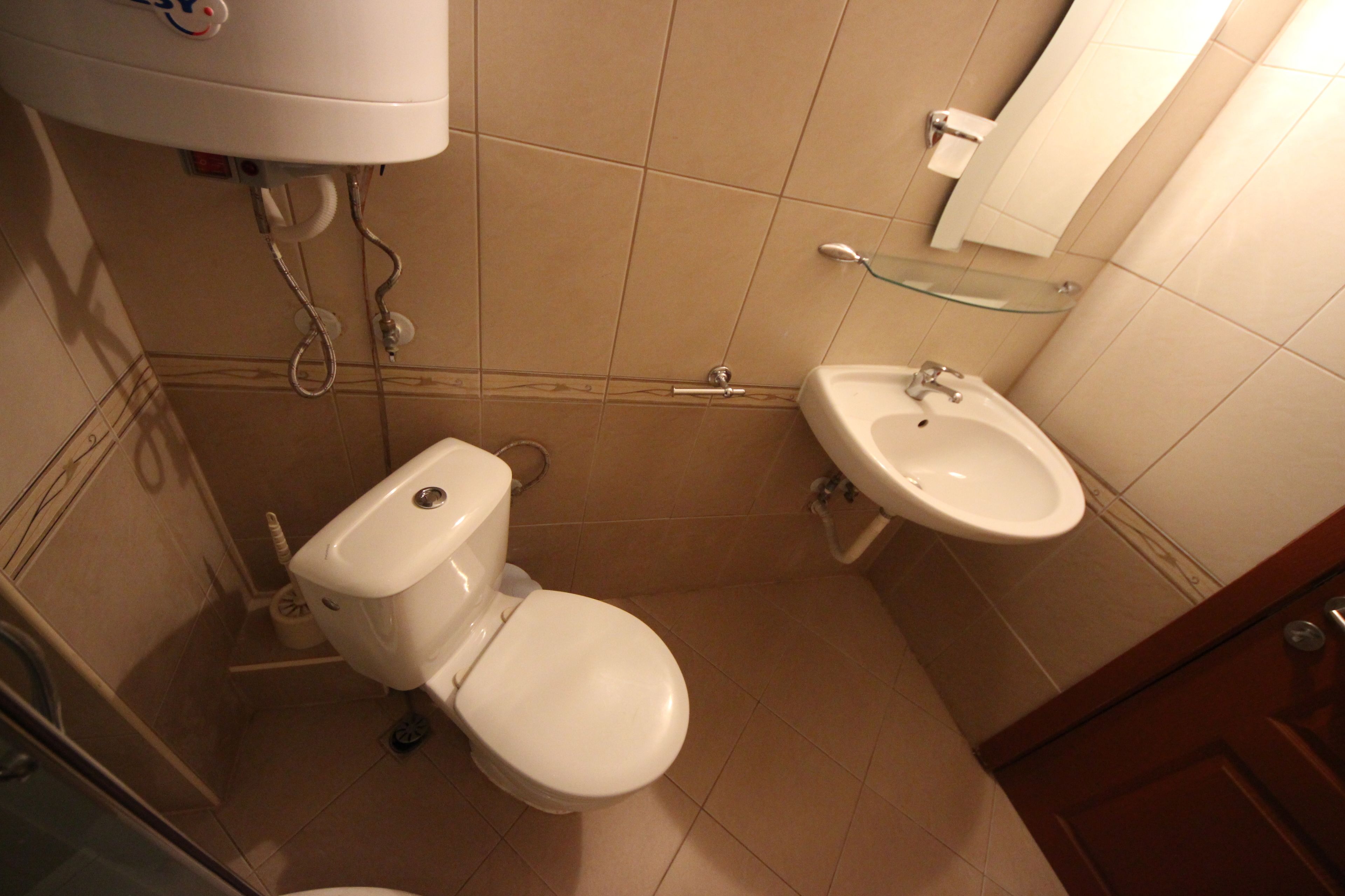 A bathroom with a toilet, sink, and mirror.