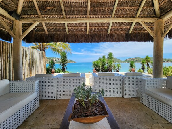 On the beach, sun loungers, beach umbrellas, beach towels