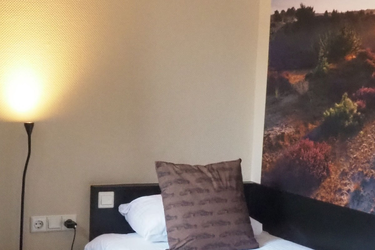 A neatly made bed with white linens and a brown pillow, a bedside lamp, and a wall-mounted painting of a landscape.
