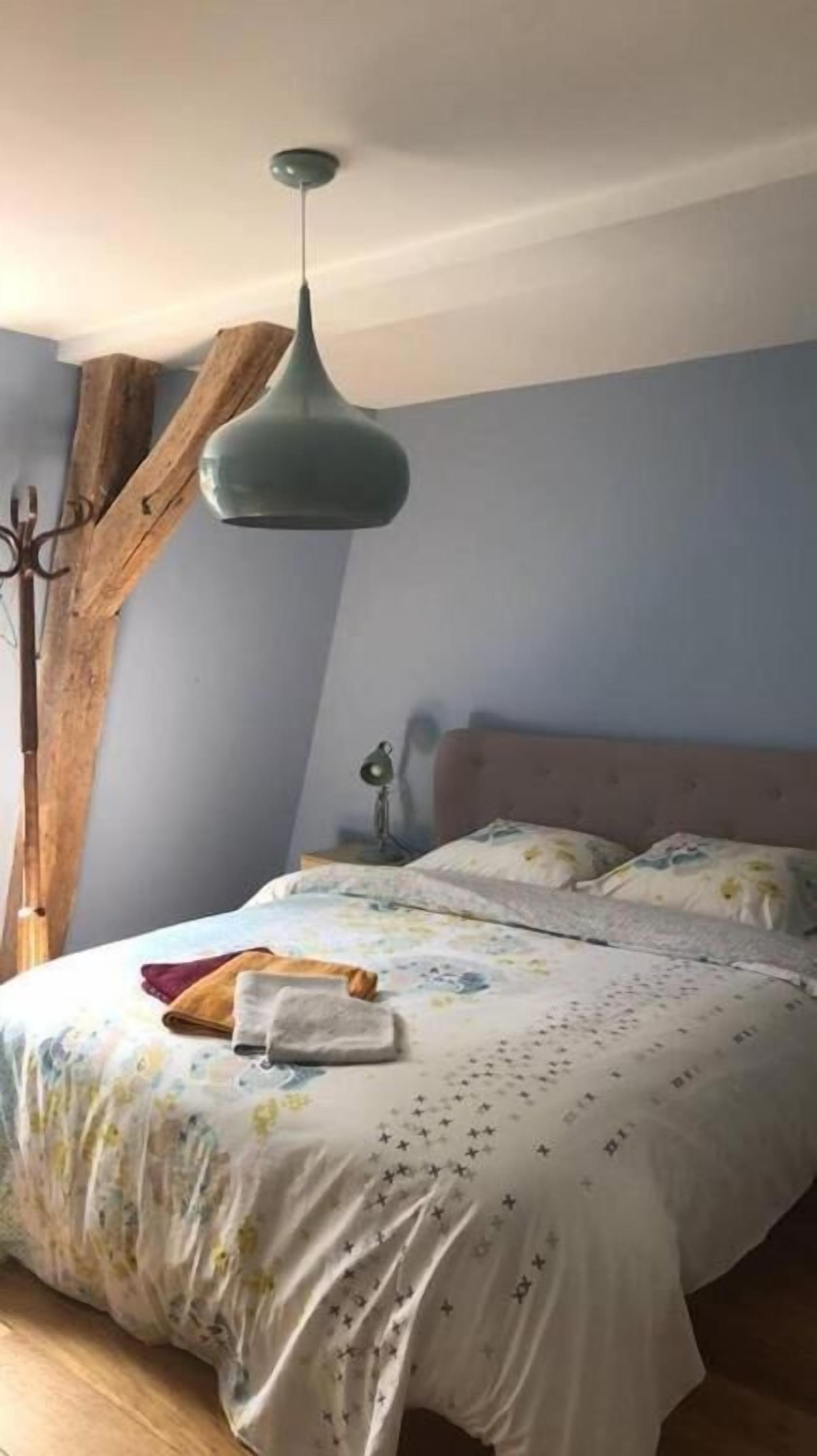 A bedroom with a bed, a hanging light fixture, a nightstand, and a wooden tree trunk against the wall.