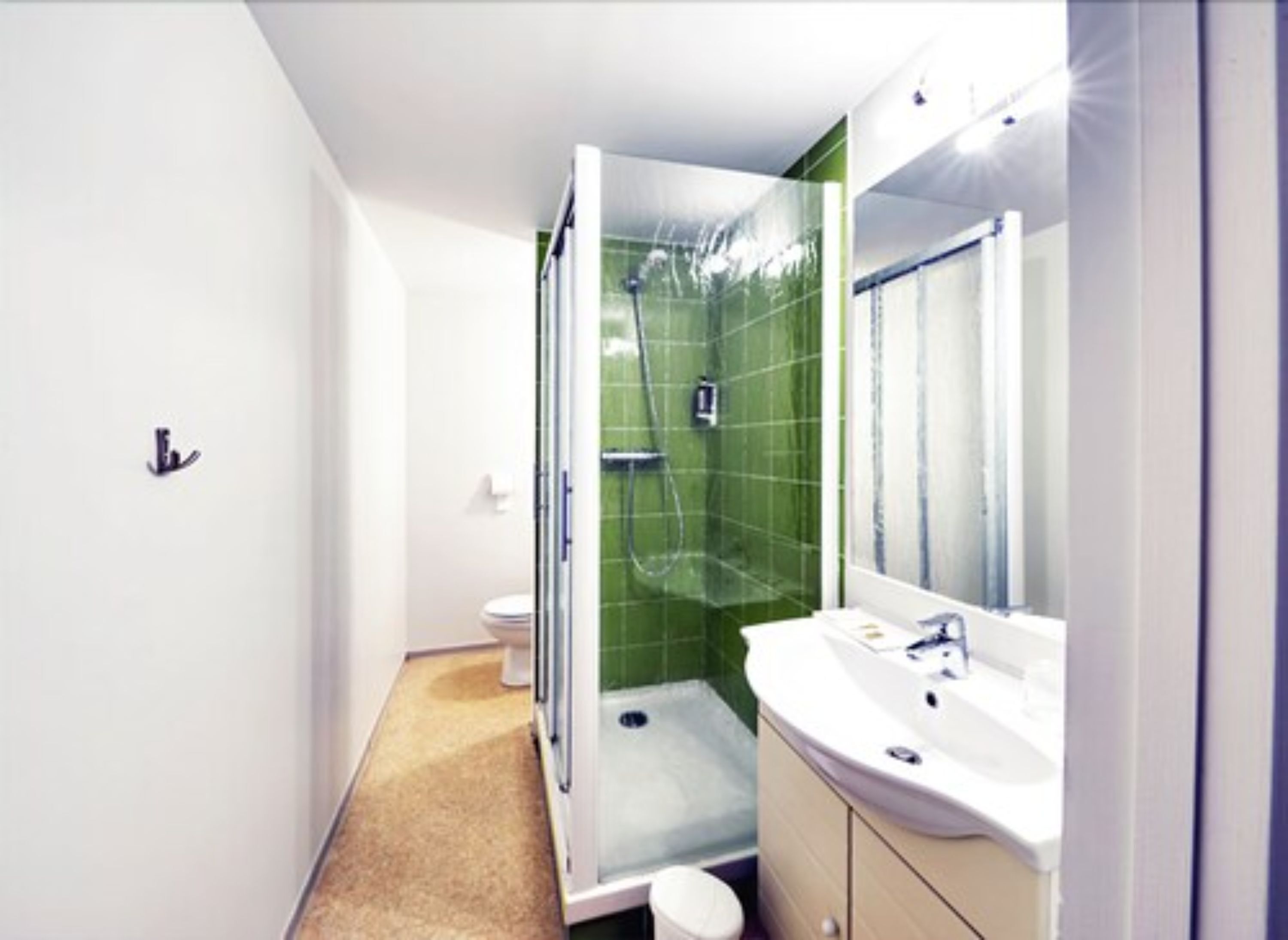 A modern bathroom with a shower, toilet, and sink.