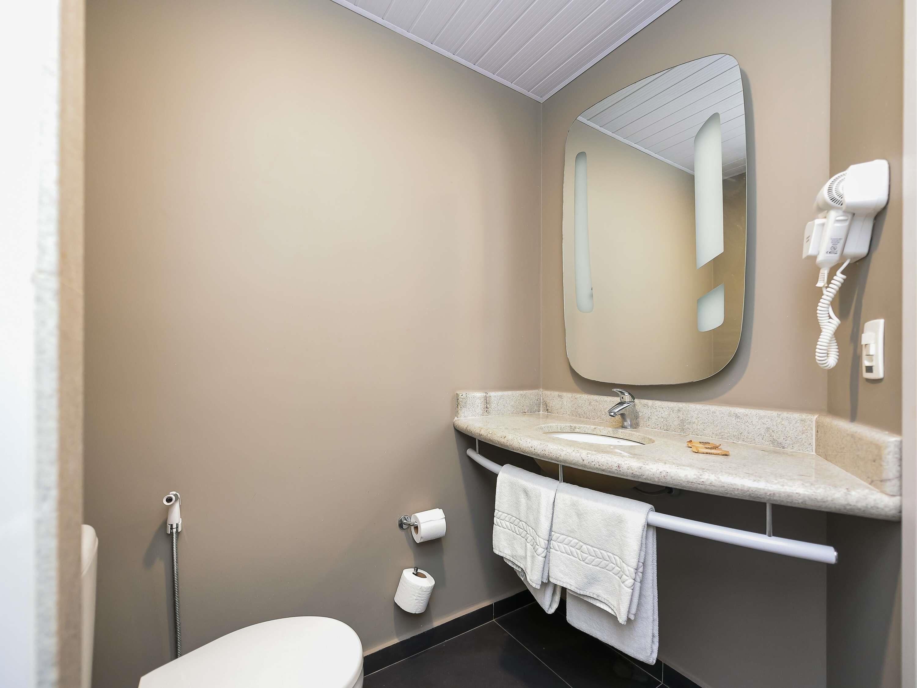 Ein Badezimmer mit Toilette, Waschbecken, Spiegel, Handtuchhalter und einem Fön.